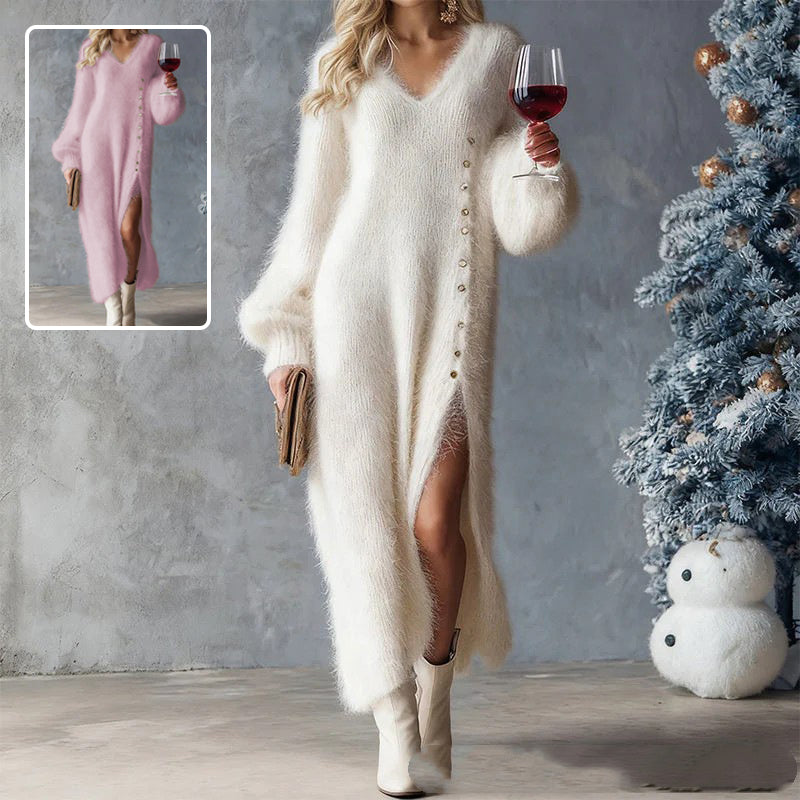 Chic Split Knitted Maxi Dress with Buttons, V-Neck Fleece