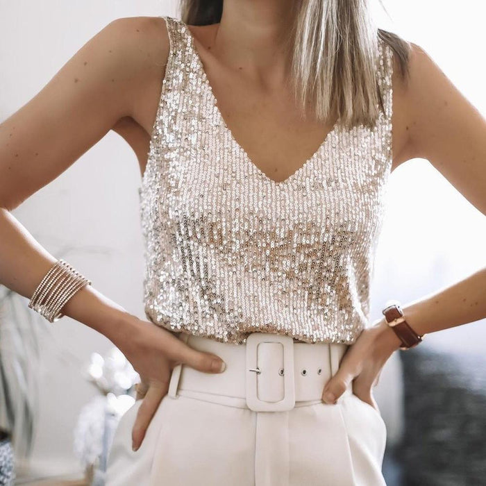 Women's Sequin Vest Top with V-Neck and Sleeveless Cut