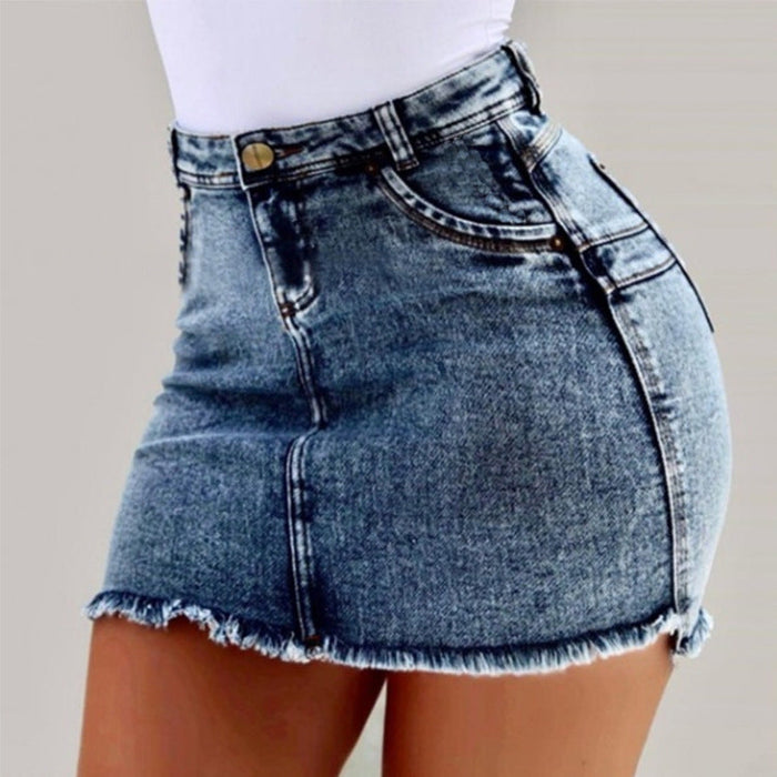 Women's High-Waist Frayed Hem Denim Skirt