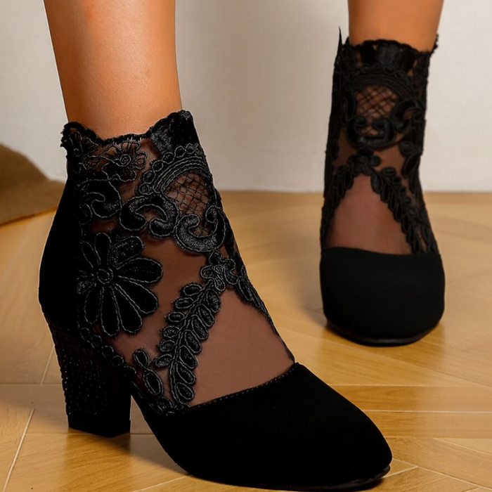 Women's Lace Embroidered Block Heel Ankle Boots