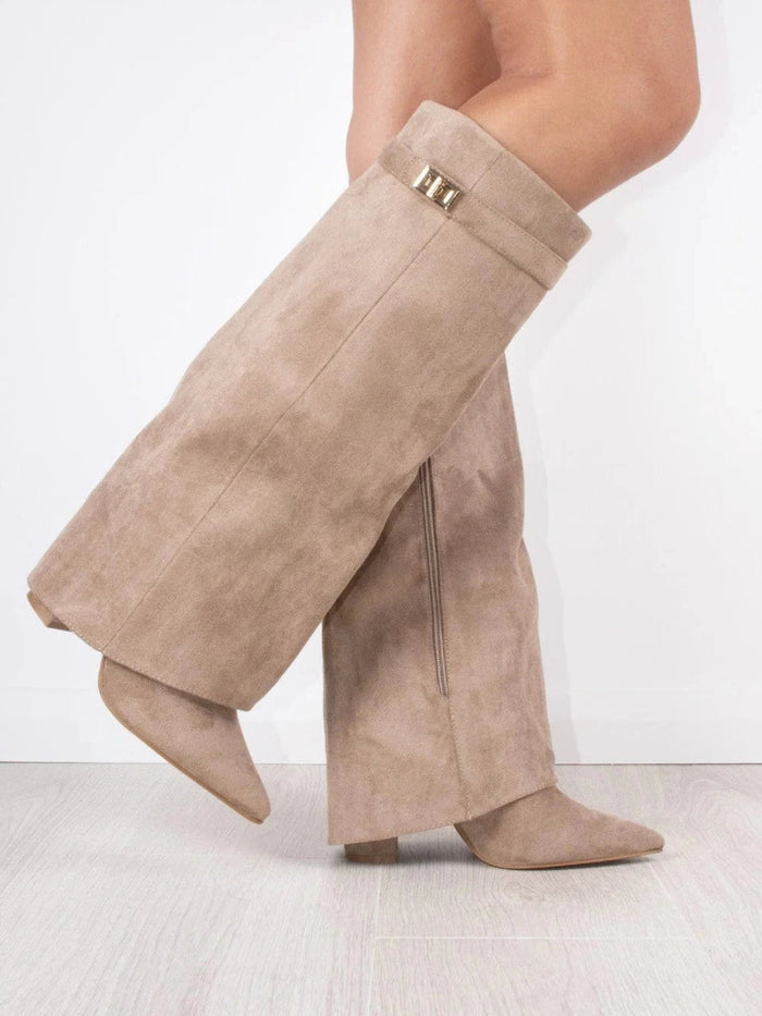 Women's Knee-High Suede Boots Block Heel Side Zip