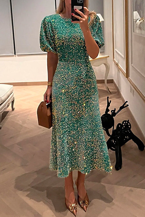 Women's Sequin Midi Dress with Puff Sleeves