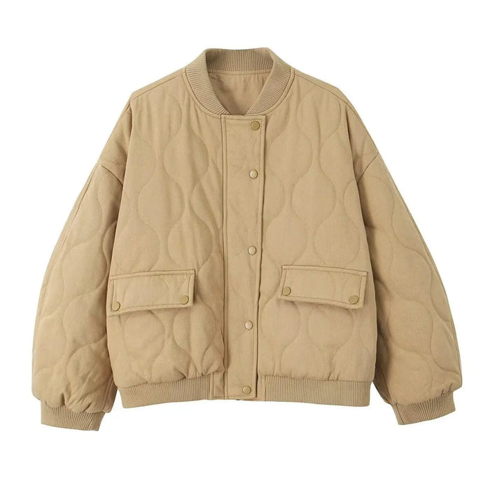 Women's Oversized Quilted Bomber Jacket with Ribbed Trim