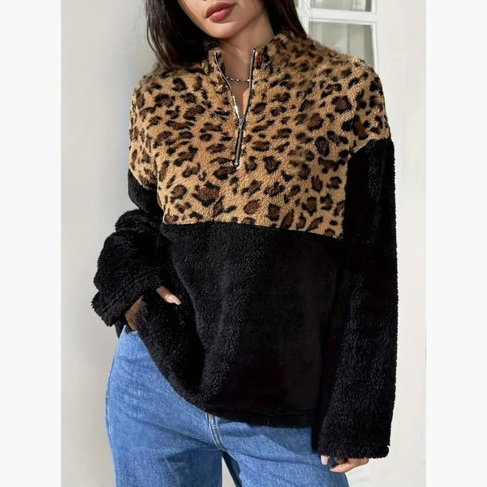 Women's Leopard Print Fleece Half-Zip Pullover