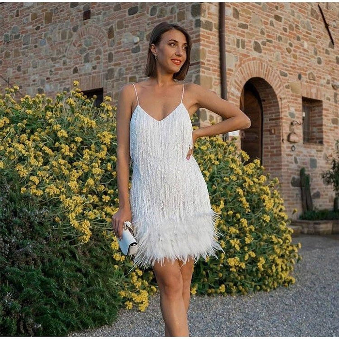 Women's Sequin Fringe Mini Dress with Feather Hem