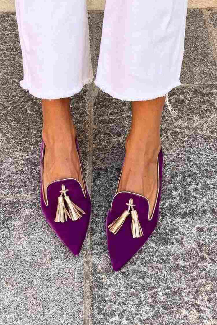 Women's Pointed Tassel Loafers with Gold Trim