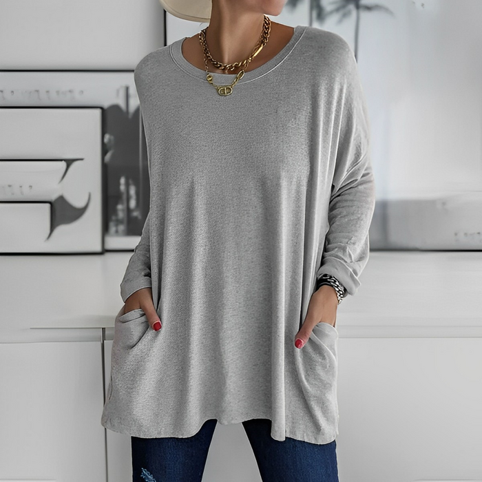 Women's Oversized Tunic Top with Side Pockets Round Neck