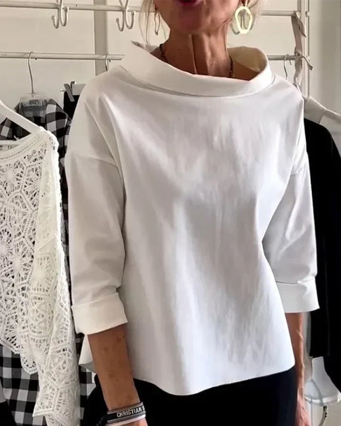 Women's Wide Lapel Top with Half Turtleneck Detail