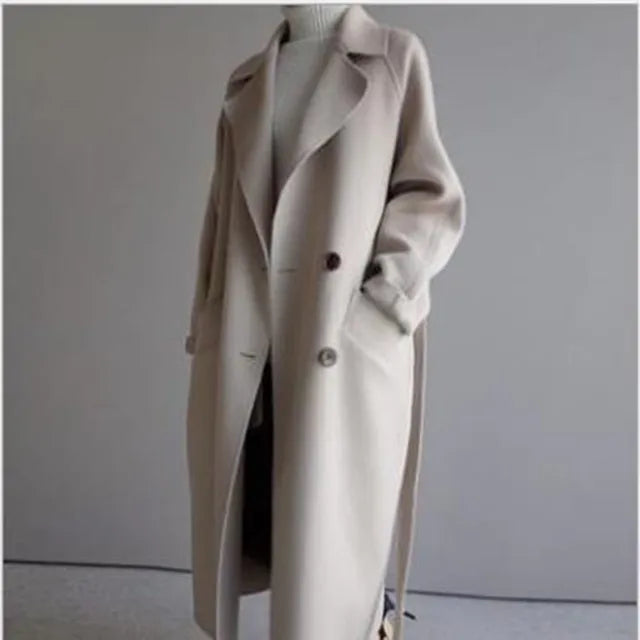 Women's Double-Breasted Long Wool Coat with Belt