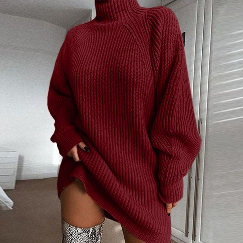 Warm Polo Neck Jumper Dress, Long Solid Colour Winter Knit