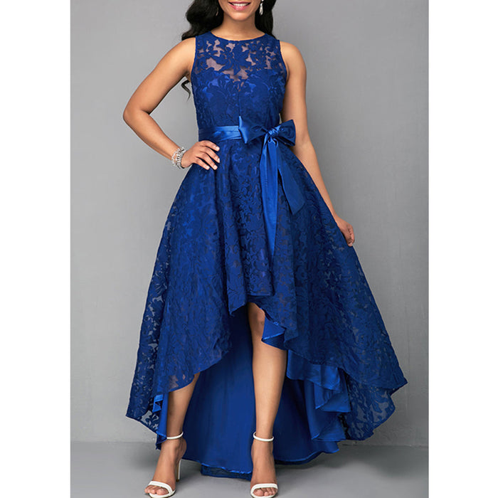 Women's Lace High-Low Dress with Bow Waist Tie