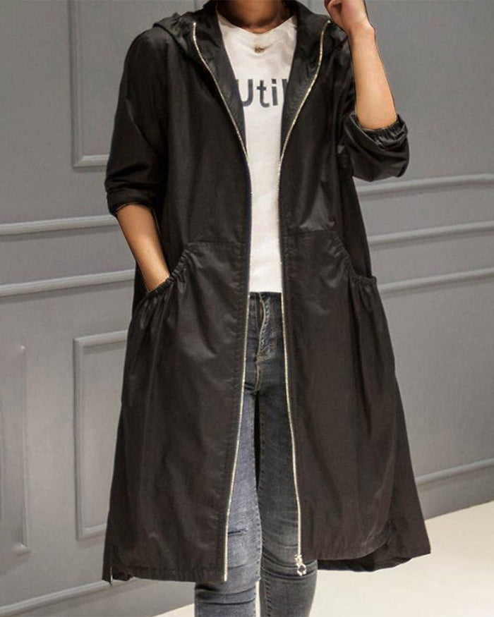 Women's Hooded A-Line Trench Coat Knee-Length Zip-Front