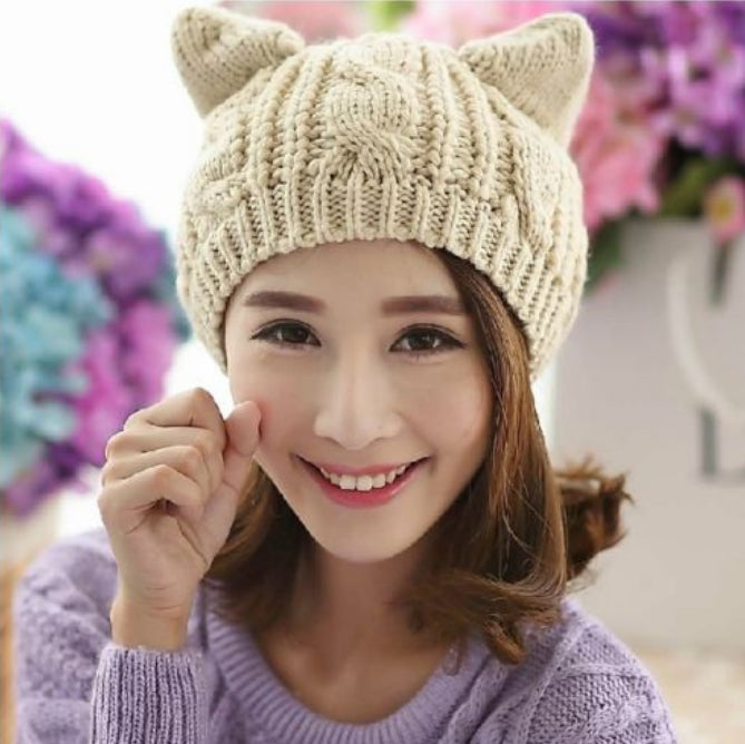 Cute Cat Ear Beanie – Hand-Knitted 3D Winter Hat