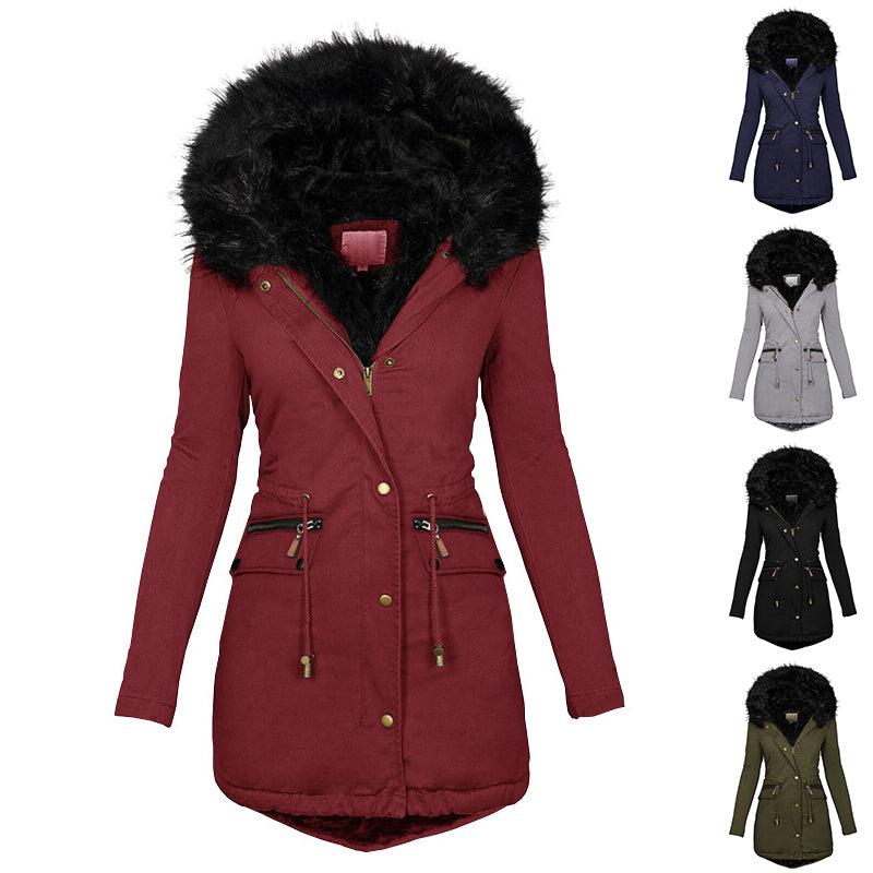 Plush Hooded Parka, Thick Zip-Up Mid-Length Winter Jacket