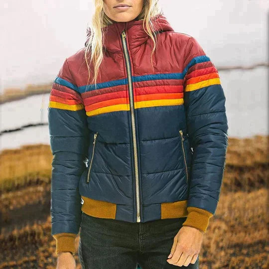 Women's Striped Puffer Jacket with Hood and Zip Front