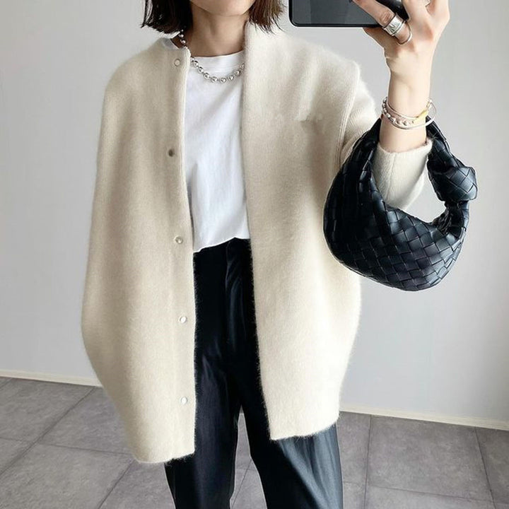 Loose Round Neck Cardigan, Single-Breasted Knit Jacket