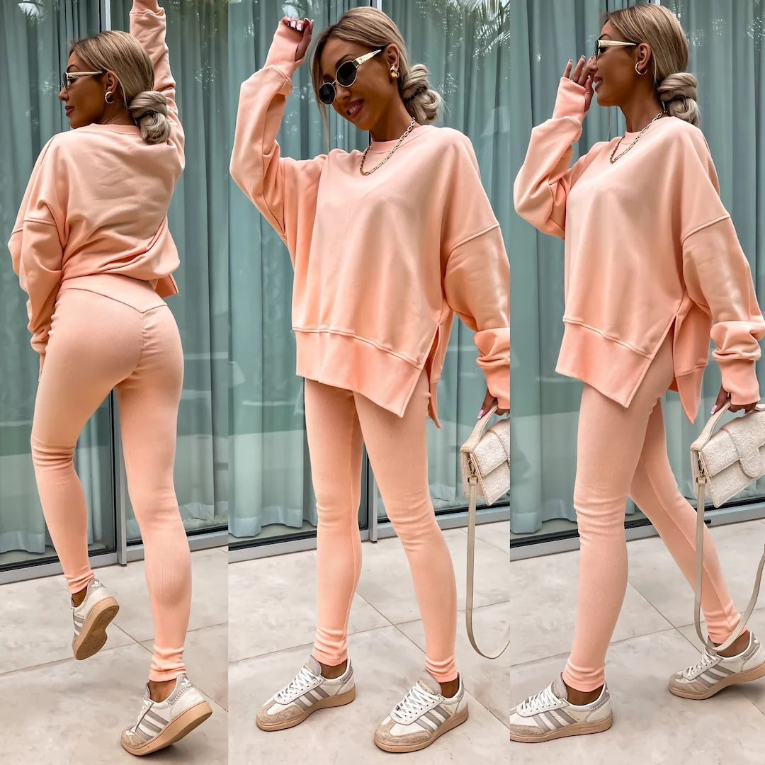 Casual Jumper Suit, Loose Crew Neck Split Top and Tight Trousers