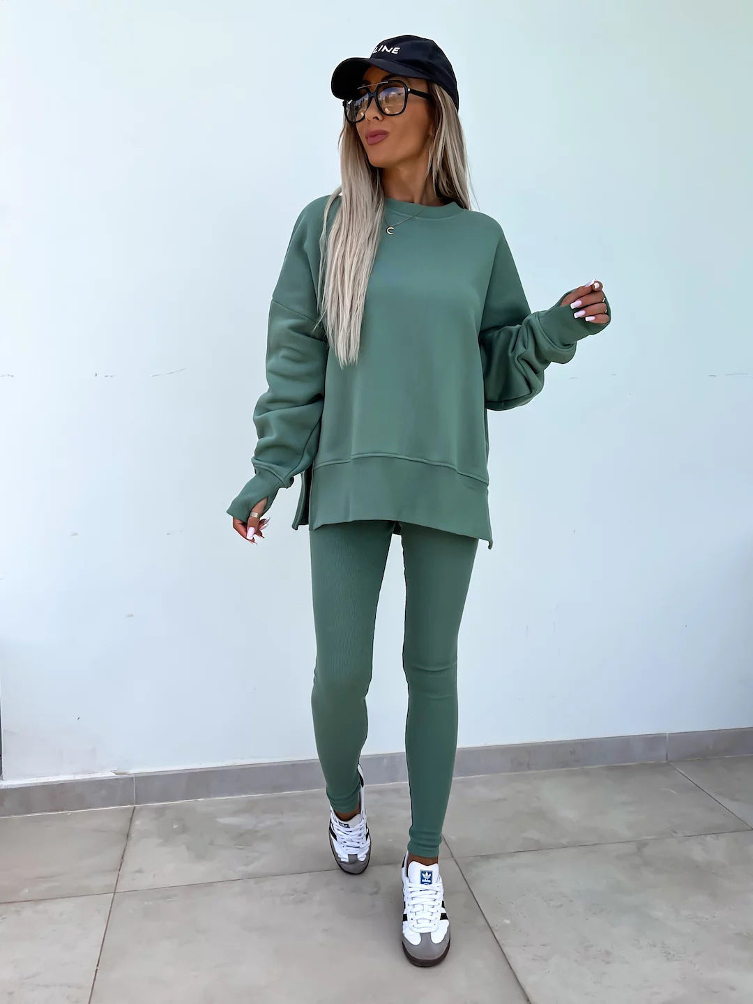 Casual Jumper Suit, Loose Crew Neck Split Top and Tight Trousers