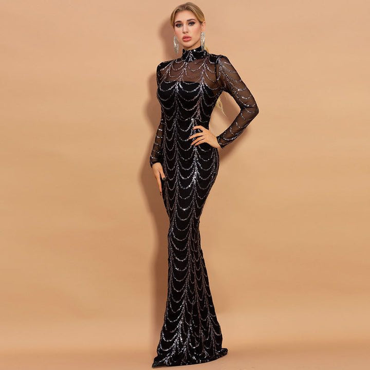 Sequin Long Sleeve Maxi Dress for Women, Party Evening Gown