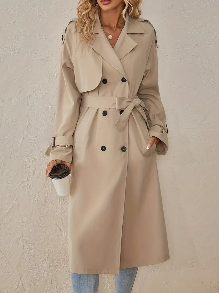Women's Long Trench Coat Double-Breasted with Belted Cuffs
