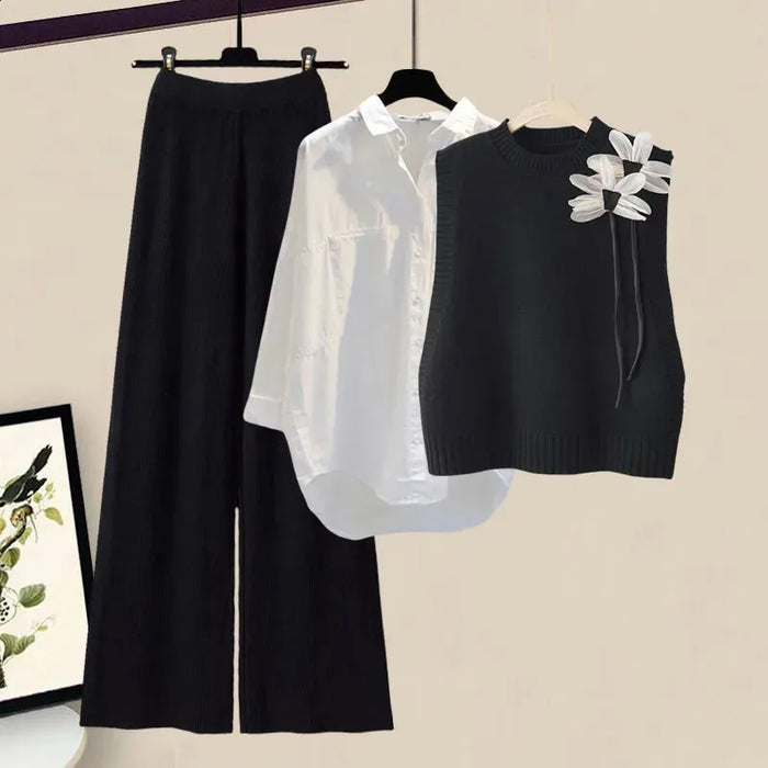 Women's 3-Piece Knit Set with Shirt Vest and Trousers