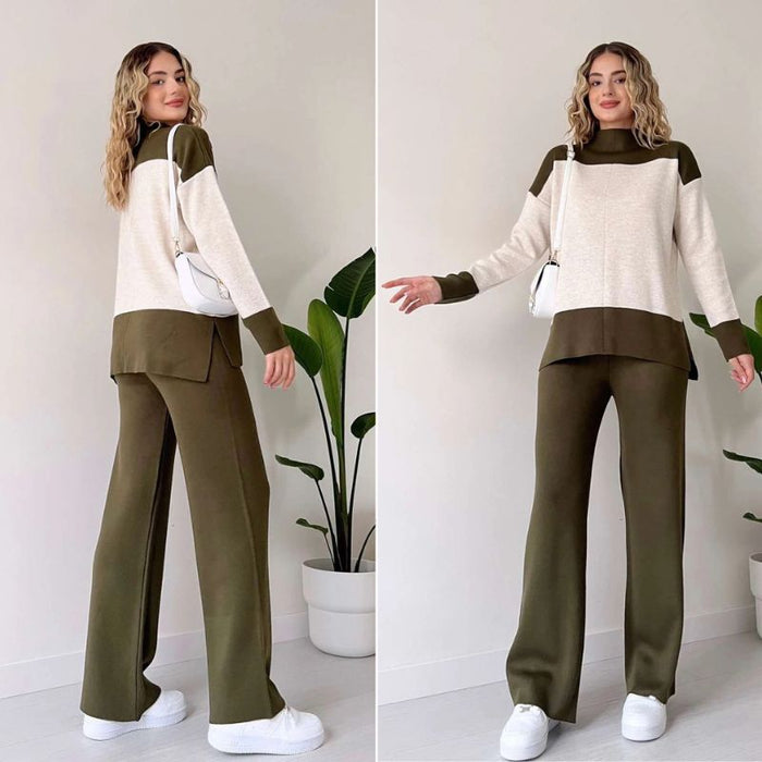 Women's Colour-Block Lounge Set with Wide-Leg Trousers