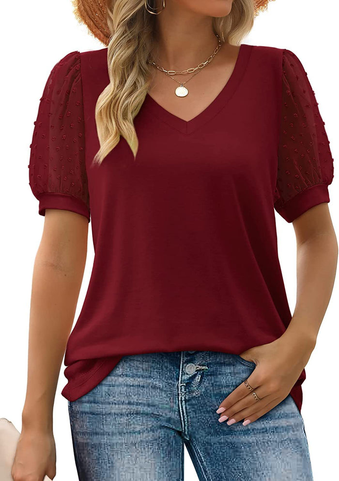 Women's V-Neck Top with Sheer Dotted Puff Sleeves