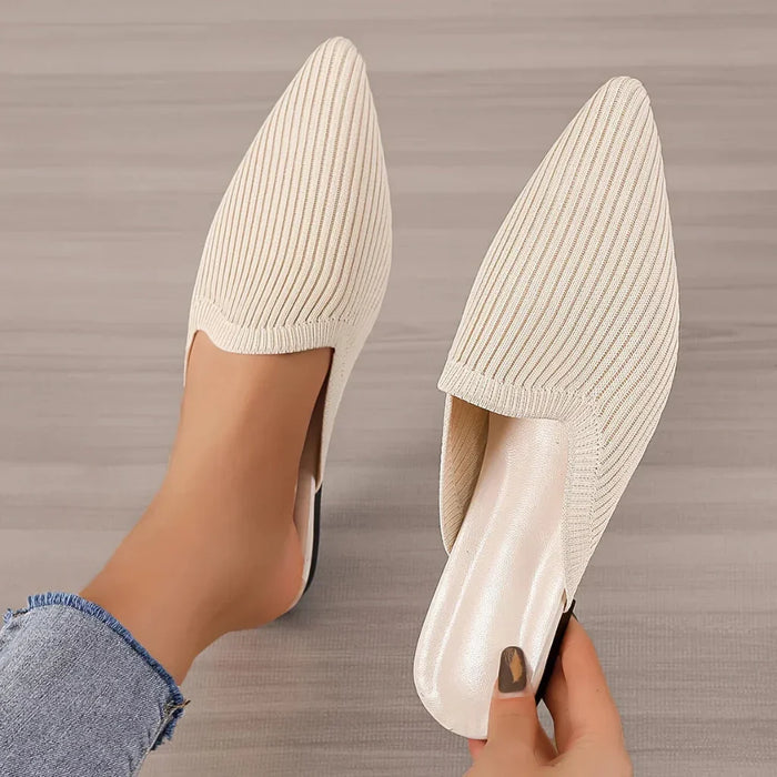 Women's Pointed Toe Flat Mules Slip-On Knit