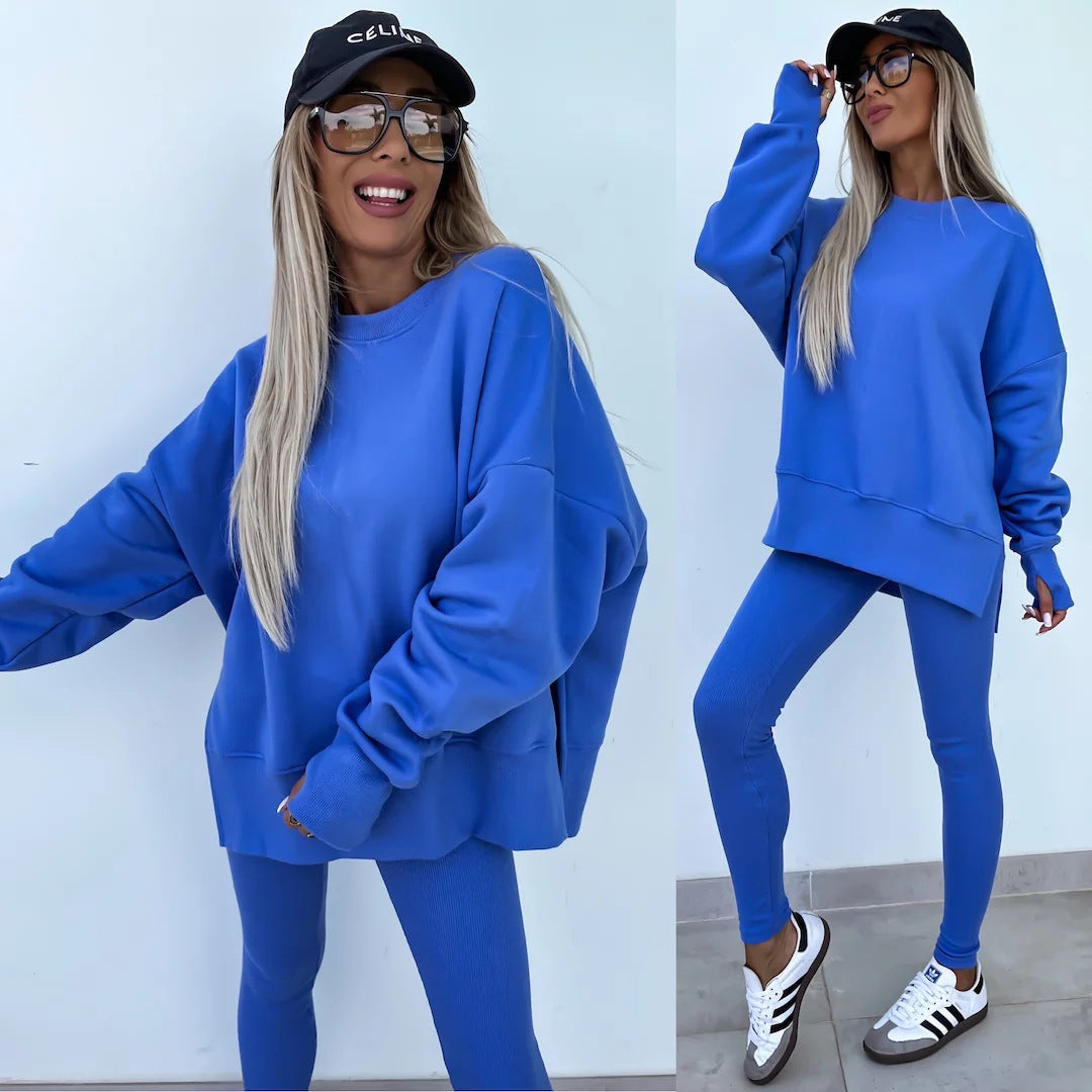 Casual Jumper Suit, Loose Crew Neck Split Top and Tight Trousers