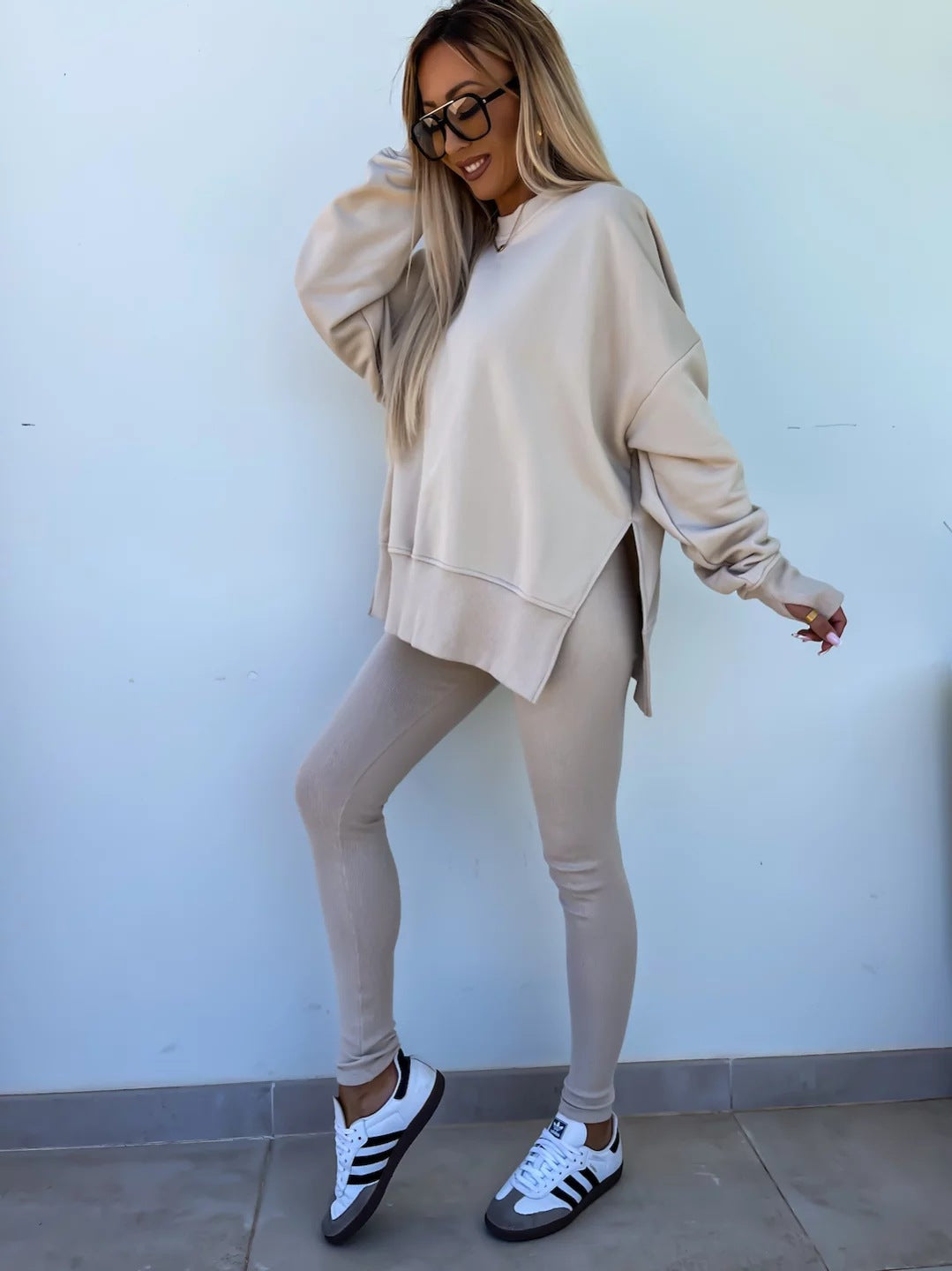 Casual Jumper Suit, Loose Crew Neck Split Top and Tight Trousers