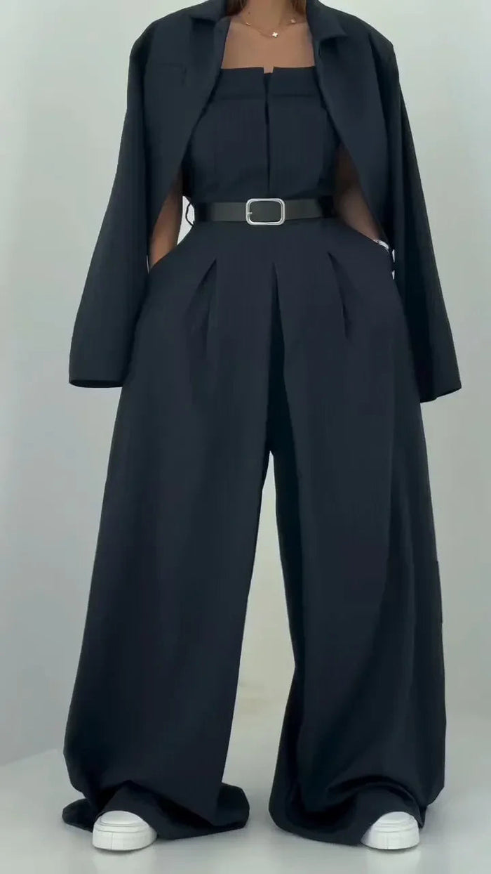 Women's Pinstripe Blazer Set with Wide-Leg Trousers