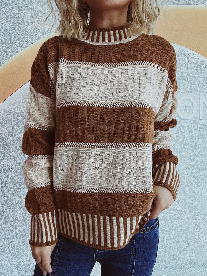 Women's Ribbed Striped Jumper Crew Neck Long Sleeve