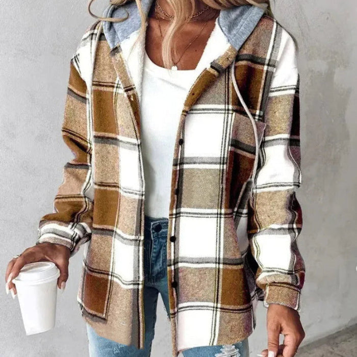 Women's Checked Hooded Overshirt with Button Closure