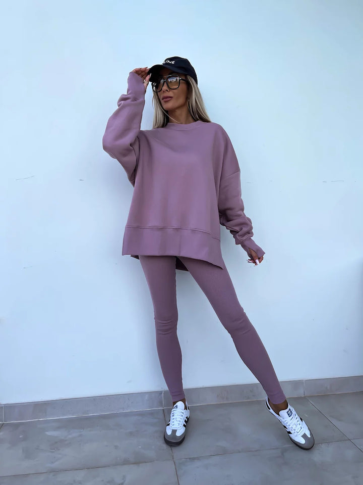 Casual Jumper Suit, Loose Crew Neck Split Top and Tight Trousers