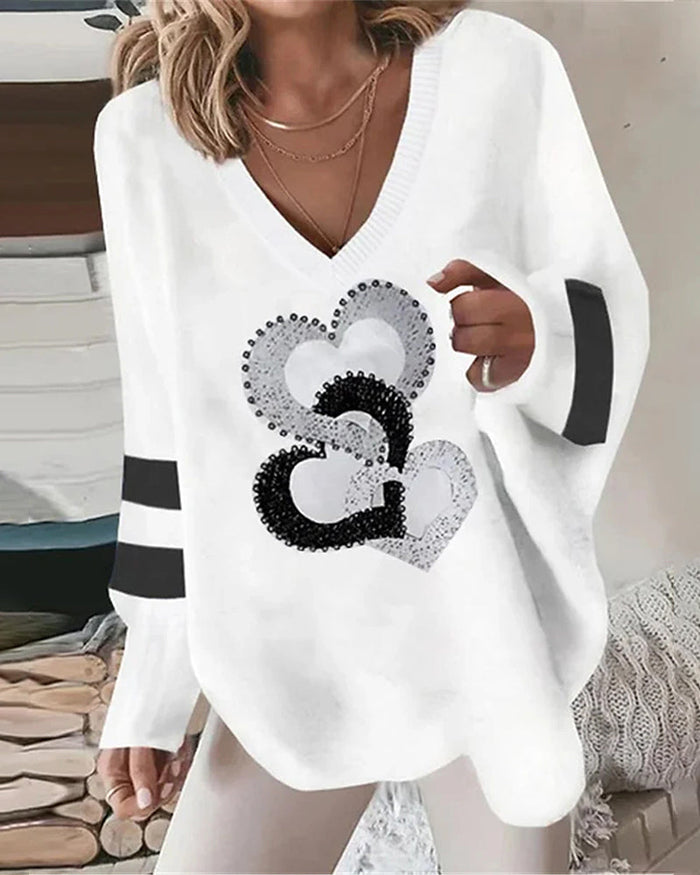 Lolita | Women's Oversized V-Neck Jumper Sequin Heart Print Top