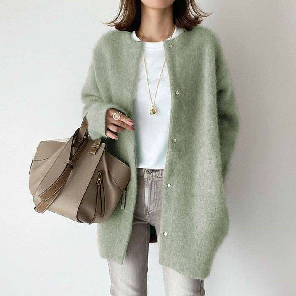 Loose Round Neck Cardigan, Single-Breasted Knit Jacket
