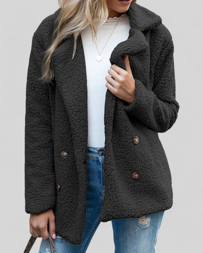 Women's Collared Teddy Coat with Double-Breasted Buttons