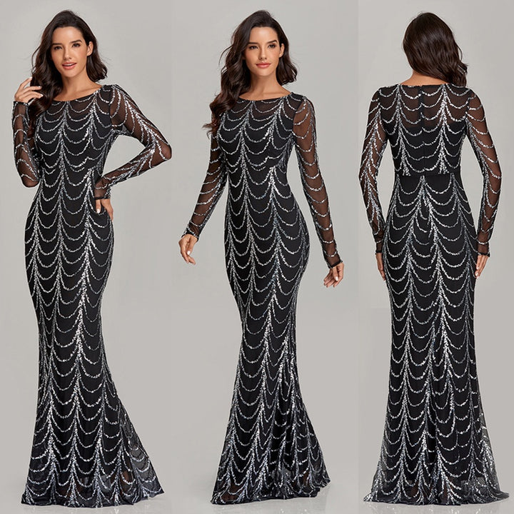 Sequin Long Sleeve Maxi Dress for Women, Party Evening Gown