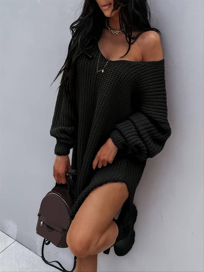 Women's Oversized V-Neck Jumper Dress Long Sleeve