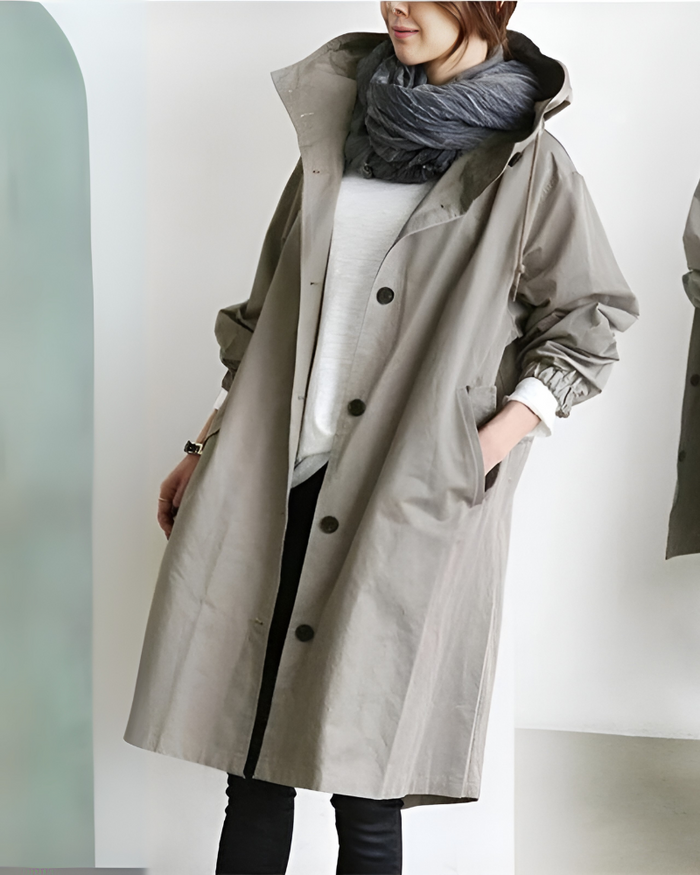 Women's Hooded Trench Coat with Button Front Closure