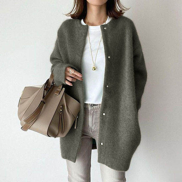 Loose Round Neck Cardigan, Single-Breasted Knit Jacket