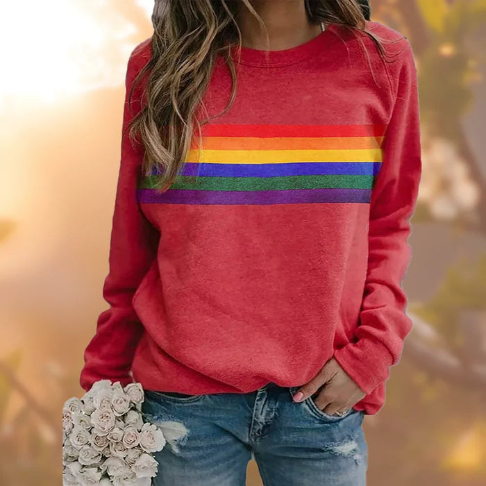 Women's Rainbow Stripe Sweatshirt Long Sleeve Crew Neck