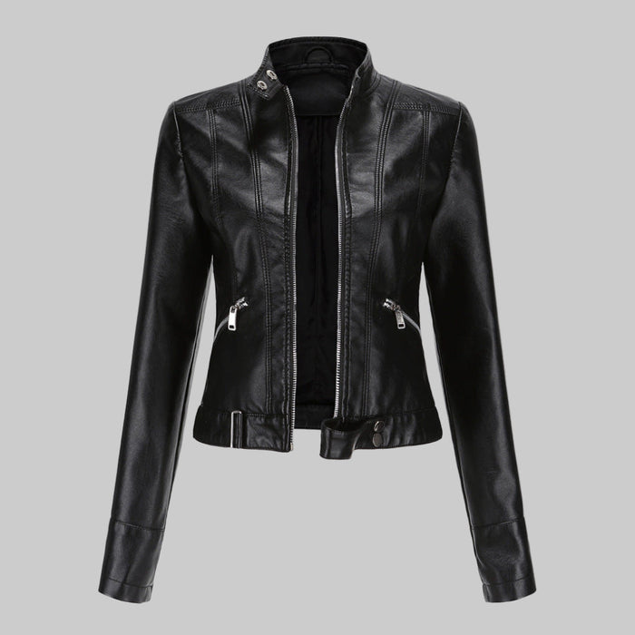 Women's Biker Jacket Stand Collar Zip Front Fitted