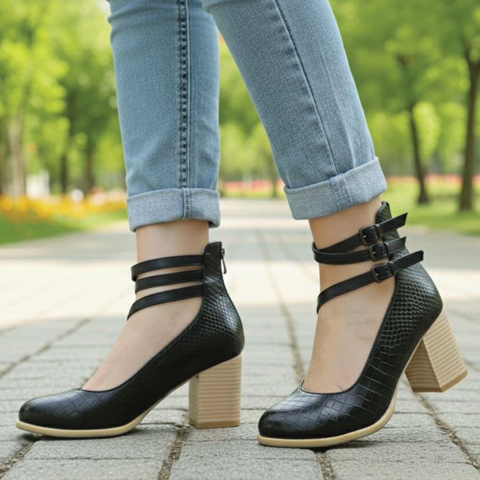 Women's Block Heel Ankle Strap Shoes Round Toe