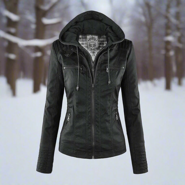 Women's Hooded Biker Jacket with Zip Pockets Slim Fit