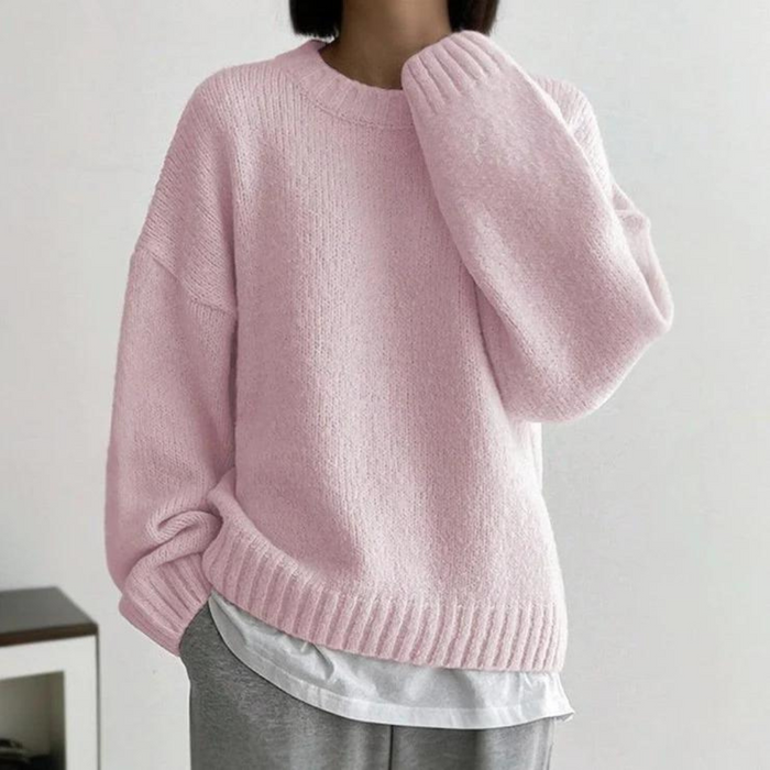 Women's Crew Neck Jumper with Ribbed Cuffs and Hem