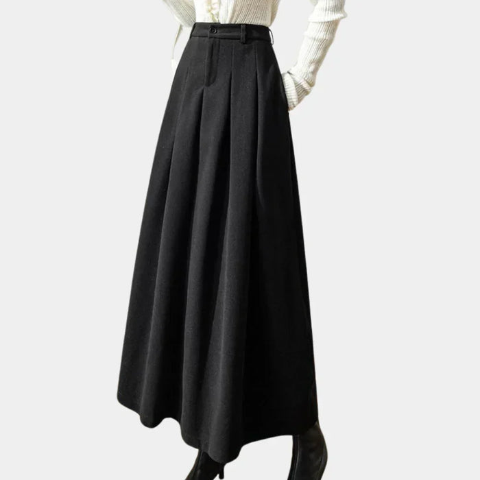 Women's High-Waisted Pleated Midi Skirt with Button Detail