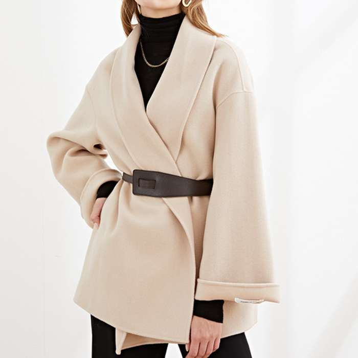 Women's Wool Belted Coat Lapel Collar Open Front