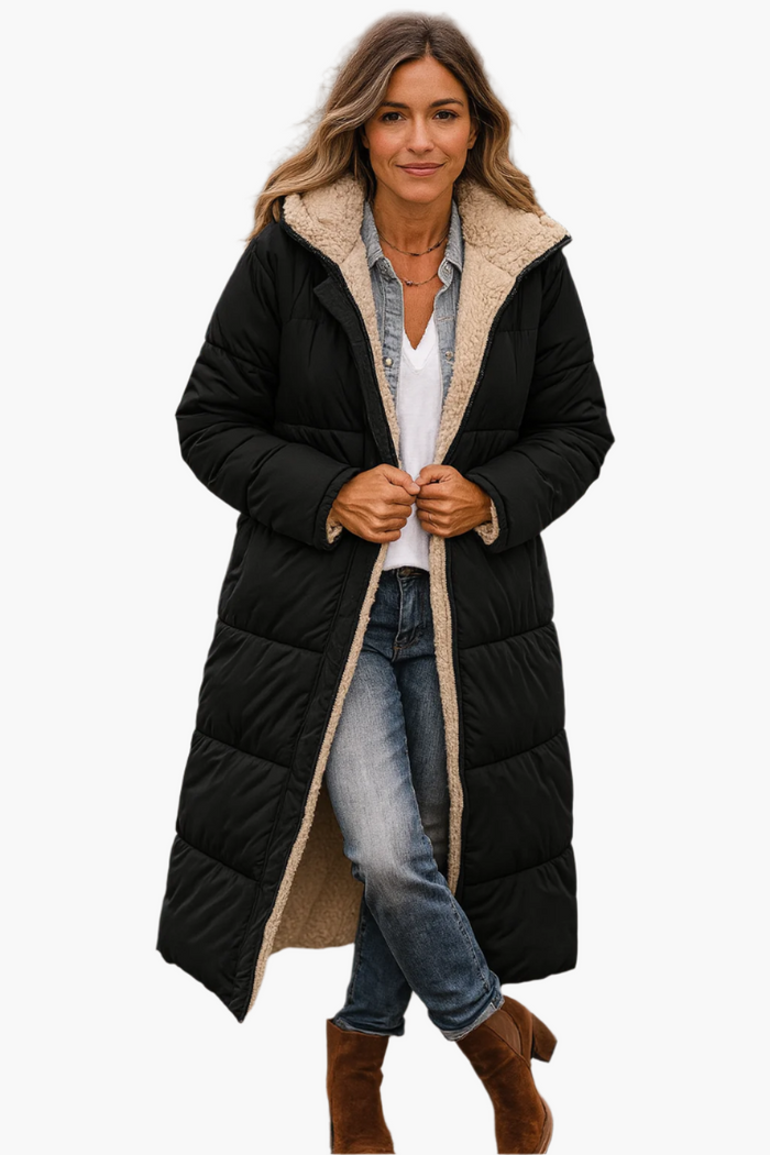 Women's Hooded Longline Puffer Jacket Fleece-Lined