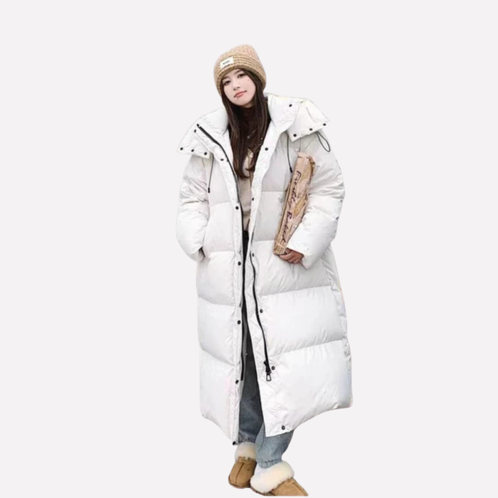 Women's Long Puffer Coat with Hood and Zip Fastening